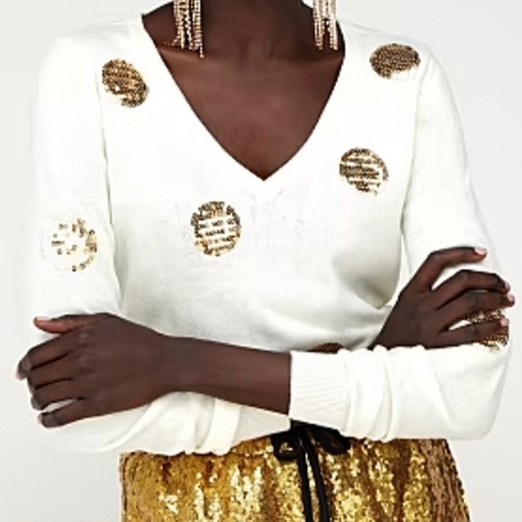 New York & Company Women’s V-Neck Sweater, Gold Sequins Polka Dot & Cream, Sz L - Picture 2 of 8
